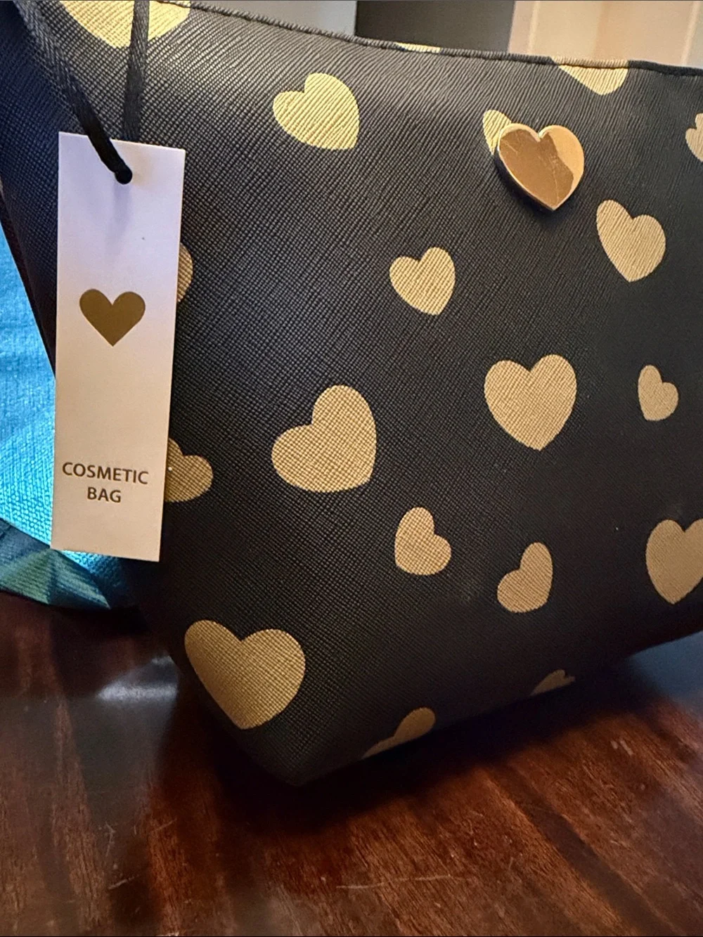 Black Cosmetic Bag with Gold Heart Pattern